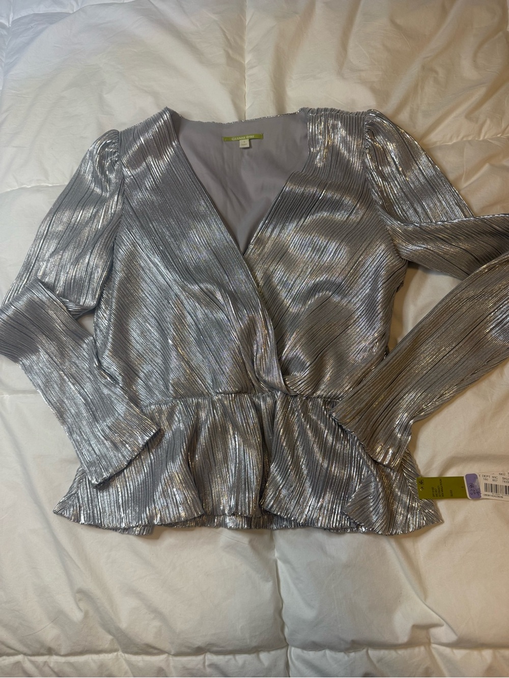 Gianni Bini Silver Metallic Plissé Peplum Wrap Blouse